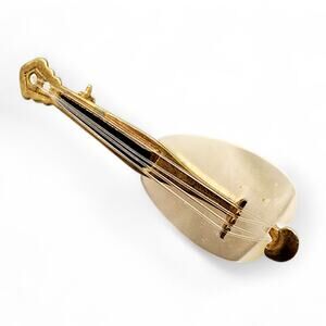 Vintage Mandolin Brooch Mother of Pearl Brass Figural Music Lute Pin Mid Century